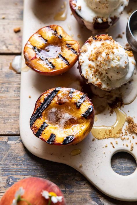 Browned Butter Grilled Peaches with Cinnamon Toast Brioche Crumbs | halfbakedharvest.com #summerrecipes #peaches #icecream #easyrecipes Grilled Peaches With Ice Cream, Peaches Grilled, Peach Recipes, Grilled Fruit, Sweet Recipe, Baked Fruit, Recipes Sweet, Easy Summer Desserts, Browned Butter