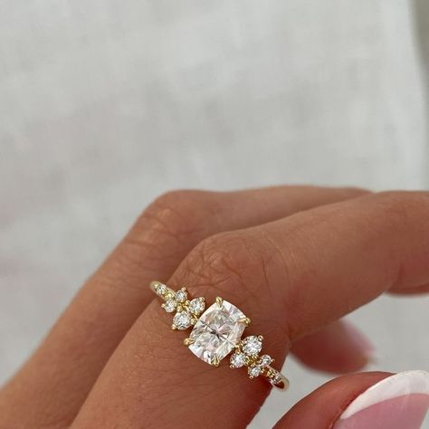 Elongated Radiant 3 Stone Engagement Ring, 3 Ct Diamond Ring, Cushion Engagement Ring With Side Stones, Old Style Engagement Rings, Elongated Cushion Trilogy Ring, Elongated Cushion Ring Stack, Vintage Gold Engagement Rings Antiques, Engagement Rings With Gold, Elongated Cushion Trilogy