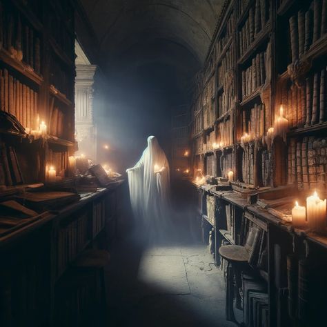 Ghostly Scholar's Library Canvas Ghost In Library, Haunted Library Aesthetic, Spooky Drawings, His Touch, Magical Library, Haunting Beauty, Old Library, Library Aesthetic, Library Images