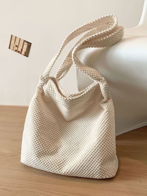 Beige Preppy   Corduroy Plain Shoulder Tote Bag    Women Bags Tut Bag, Upcycling Clothing, Tote Crochet, Woolen Craft, Crochet Pieces, Beige Tote Bag, Crochet Shoulder Bags, Beige Tote, Knitting Tote Bag