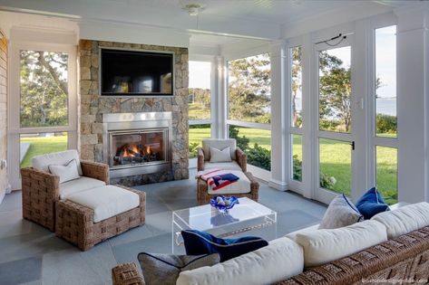 The Best Screened Porches | Boston Design Guide Sunroom With Fireplace, Sunroom Design Ideas, Rachel Halvorson, Clean Kitchen Design, Family Compound, Screened Porch Designs, 4 Season Room, Four Seasons Room, Porch Fireplace