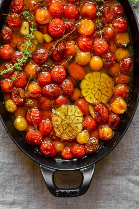 Tomato Confit | Nourish Deliciously Tomato Confit With Burrata, Balsamic Cherry Tomatoes, Cherry Tomato Recipes Dinner, Tomato Confit Recipes, Tomatoes Provencal, Tomato Garlic Confit, Confit Tomatoes, Tomato Compote, Pear Tomatoes