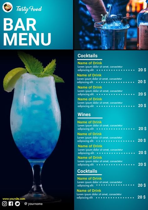 Cocktail Menu Design Templates, Summer Bar Drinks, Cocktail Menu Design Ideas, Bar Menu Design Ideas, Drink Menu Design Ideas, Cocktail Flyer, Drinks Menu Design, Cocktail Menu Design, Bar Promotion