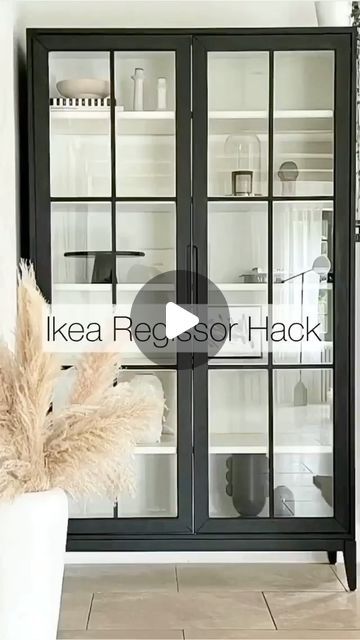 wonderhome_ideas on Instagram: REGISSOR Display Cabinet Hack ✨ Follow for more 💡 • All you need is : • REGISSOR display cabinet • Primer • Paint • Timber pieces • No… Build In Display Cabinet, Glass Cabinet Bookcase, Minimalist Display Cabinet, Glass Display Cabinet Living Room, Cabinet Primer, Glass Cabinets Display Living Room, Ikea Display Cabinet, Ikea Regissor, Diy Glass Cabinet Doors