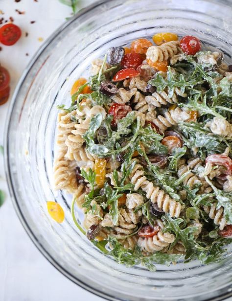 Pasta Salad Creamy, Arugula Pasta Salad, Bacon Pasta Salad, Pine Nuts Salad, Arugula Pasta, Goat Cheese Pasta, Creamy Goat Cheese, Salad Recipes Video, Wheat Pasta