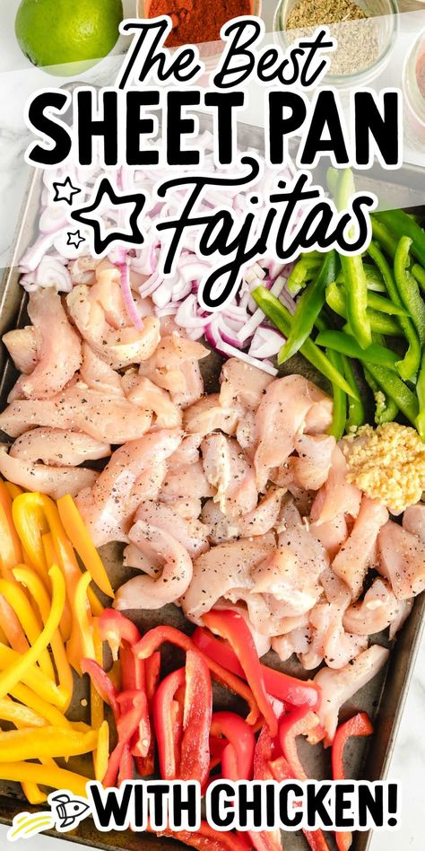 Seasoned chicken and crisp veggies all cooked on a single pan make this sheet pan fajitas a tasty and easy meal to whip up. Chicken Fajitas Oven, Oven Fajitas, Sheet Pan Fajitas, Easy Dinner Recipes For Two, Pan Fajitas, Sheet Pan Meals Chicken, Baked Chicken Fajitas, Chicken Fajita Recipe, Pan Chicken Fajitas