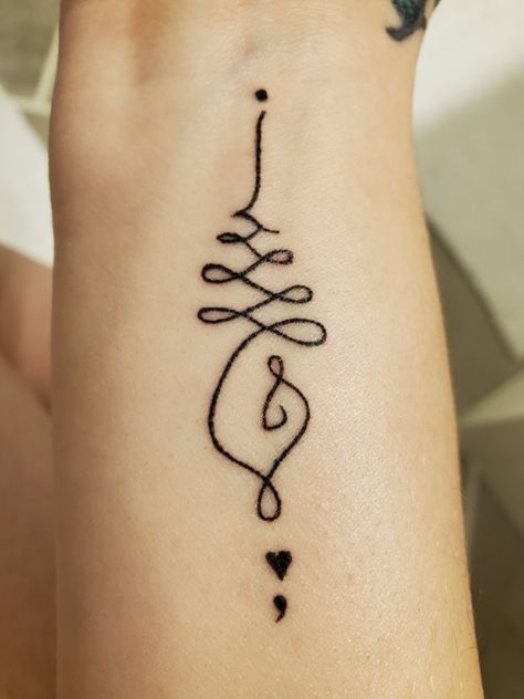 My unalome and semi colon tattoo Unalome Tattoo With Semicolon, Unalome Semicolon Tattoo, Seni Colon Tattoo, Unique Semi-colon Tattoo Ideas, Tattoo Ideas For Men Meaningful, Forearm Tattoo Ideas For Men, Semi Colon Tattoo, Colon Tattoo, Forearm Tattoo Ideas