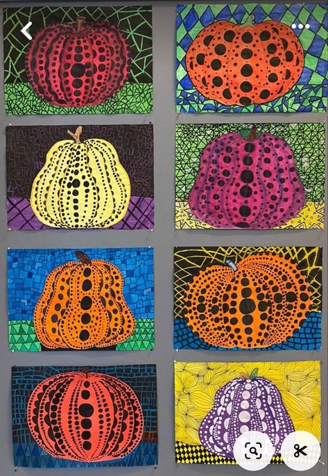 Fall Art Project Elementary, Fifth Grade Fall Art Projects, Contrasts In Art, Yahoo Kusama Art Lesson, Yayoi Kusama Pumpkins, Yayoi Kusama Pumpkin Art Lesson For Kids, Kusama Pumpkin Art Lesson, Kusama Art Projects For Kids, Yayoi Kusama Art Lesson For Kids