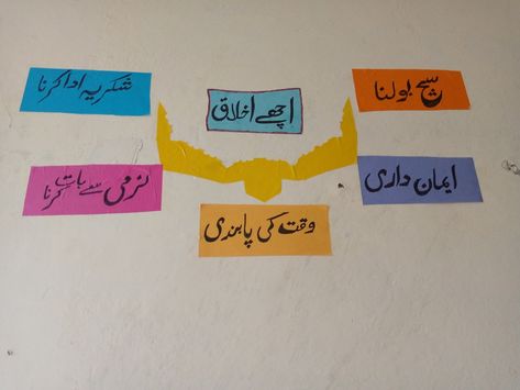 #urduchart #walldecoridea #classdecor #achyikhlaq #schooldecor #schoolwallidea #urduclassdecor #primaryschooldecor #elementaryschooldecor #kidslearningurdu Islamic Charts, Urdu Worksheet, Notice Board Decoration, Class Board, Baby Cartoon Characters, Soft Board, Grandparents Day Crafts, Classroom Charts, School Board Decoration