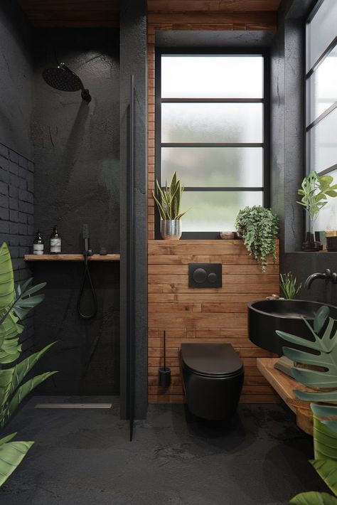 Bold meets beautiful in this contemporary bathroom design featuring dark teak elements harmoniously blended with sleek black concrete surfaces. #ContemporaryDesign #TeakWood #BathroomDecor Dark Bathroom Design Ideas, Bathroom Ideas Dark Tiles, Black Wood Floor Bathroom, Dark Theme Bathroom Ideas, Black Toilet Room Ideas, Black Wood Look Tile, Bathroom Dark Design, Small Industrial Bathroom Ideas, Shower Between Two Walls