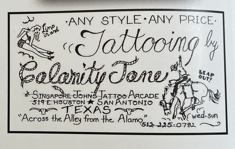 “Across from the Alamo” Tattoo Shop Calamity Jane San Antonio, TX Alamo Tattoo, Calamity Jane, The Alamo, Tattoo Business, San Antonio Texas, San Antonio Tx, Tattoo Shop, San Antonio, Business Card