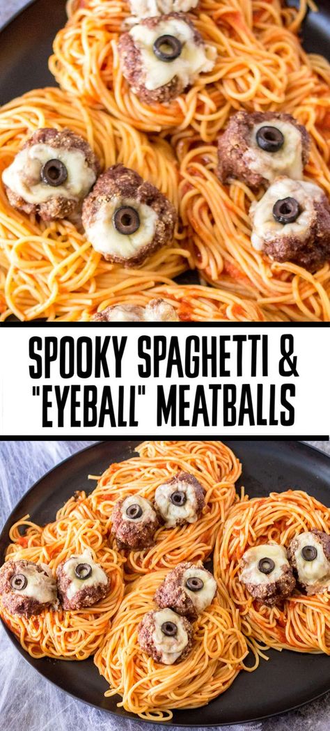 Halloween Themed Spaghetti, Halloween Pizza Party Ideas, Spooky Halloween Dinner For Kids, Spooky Spaghetti And Meatballs, Halloween Pasta Dishes, Meatball Eyeballs Halloween, Halloween Theme Dinner For Kids, Hocus Pocus Dinner Food, Halloween Spaghetti And Meatballs