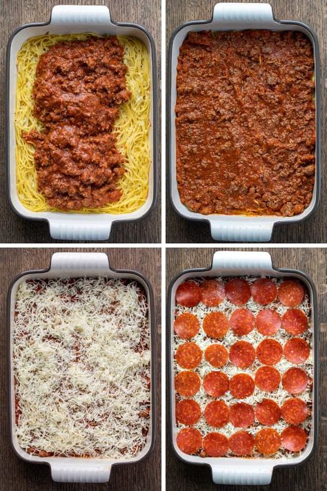 Baked Spaghetti Pizza Casserole, Easy Dinner Recipes With Spaghetti Noodles, Spaghetti Bake With Pepperoni, Spaghetti Sauce Casserole, Pepperoni Spaghetti Casserole, Spaghetti Pizza Recipe, Baked Spaghetti Recipe With Pepperoni, Pepperoni Spaghetti Bake, Pizza Spaghetti Bake