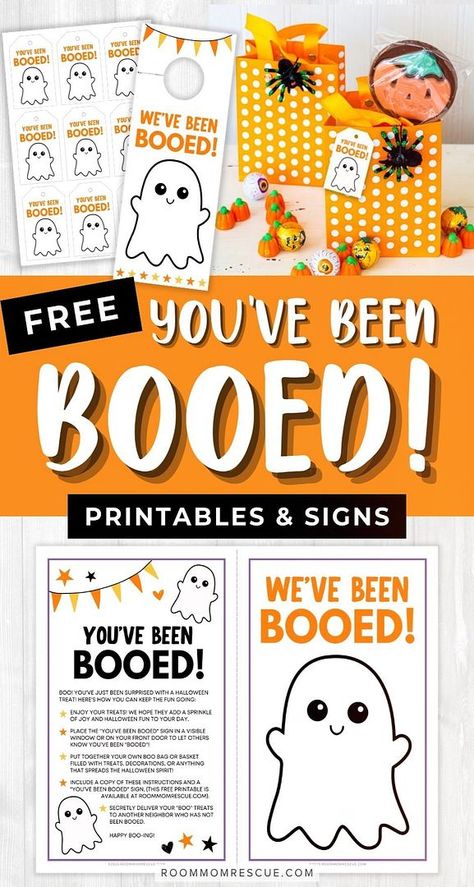 Neighbors, it's time to spread some Halloween joy! Our collection of free printables includes everything you need to start the "You've Been Booed" game in your neighborhood, fostering a sense of community and festive fun. Learn more about Halloween ideas, You've Been Booed kits, morale boosters, Halloween signs, and Free Halloween printables at roommomrescue.com! You've Been Booed Ideas, You've Been Booed Free Printable, You Have Been Booed, You've Been Booed Printable, Boo Door Hanger, Youve Been Bood, Boo And Buddy, Been Booed, Boo Baskets