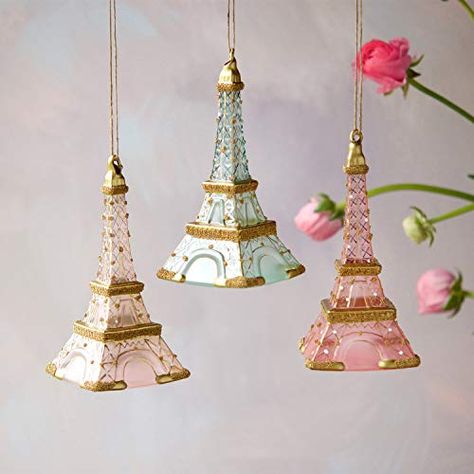 One Hundred 80 Degrees Glass and Glitter Crusted Eiffel Tower Ornaments Travel Christmas Tree, Parisian Christmas, Pink Eiffel Tower, Christmas Fair Ideas, Barbie Christmas, Christmas Tree Decor Ideas, Tree Decor Ideas, Apartment In London, Travel Christmas