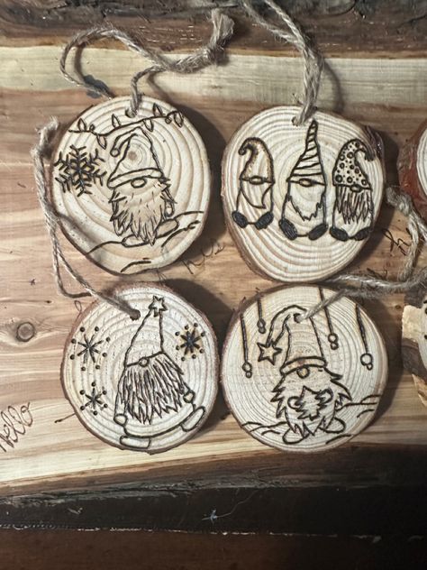 Wood burned Gnome Ornaments Woodburning Gnomes, Stag Patronus, Wooden Things, Wooden Items, Tasteful Tattoos, Wood Burning Crafts, Gnome Ornaments, Best Husband, Wood Burning