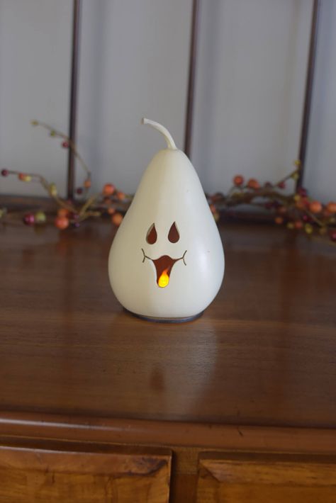 This charming miniature is great for decorating small spaces. Jake is white in color. Approximately 3 1/2" in diameter and 5" tall. This item is sold unlit but can be lit by purchasing an optional battery operated tea light. Because this design is crafted using a natural gourd, each piece is ever so slightly different to make for a unique artisan piece with natural variance in color and size. Warning: Gourds are flammable. Do not use candles in them or place near open flames. Dried Gourds Crafts Ideas, Gourds Diy, Snowman Gourds, Ar Art, Fall Gourds, Halloween Gourds, Gourd Crafts, Battery Operated Tea Lights, Halloween Ii