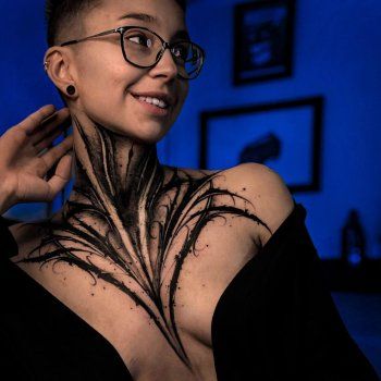 Dark Ornamental Tattoo Neck, Ornamental Tattoo Neck, Black Out Neck Tattoo, Enby Tattoo, Gothic Blackwork Tattoo, Black Neck Tattoo, Blackwork Neck Tattoo, Dark Ornamental Tattoo Design, Dark Abstract Tattoo