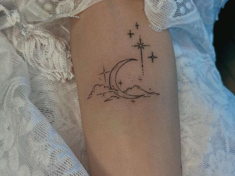 Moon Forearm Tattoo, Moon And Clouds Tattoo, Women's Back Tattoos, Whimsical Tattoos, Hand And Finger Tattoos, Cloud Tattoo, Small Pretty Tattoos, Petite Tattoos, Cute Tattoos For Women