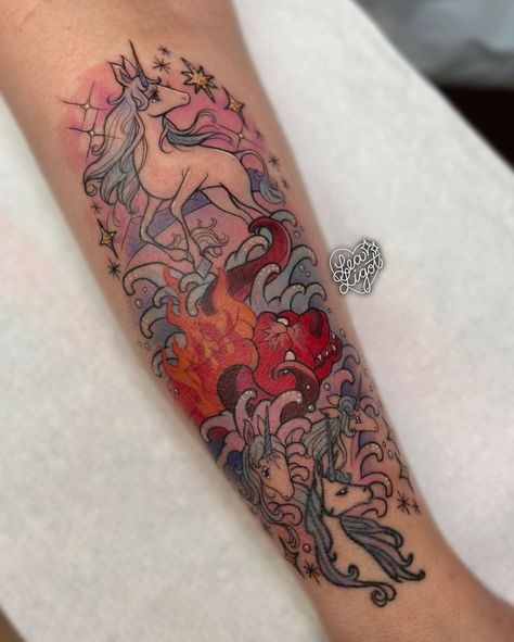 The Last Unicorn defeating the red bull for Heather to expand on her existing unicorn tattoo! ✨ Tattooing anything from the Last Unicorn… | Instagram The Last Unicorn Tattoo, Last Unicorn Tattoo, Tattoo Unicorn, Unicorn Tattoo Designs, Lady Amalthea, Unicorn Tattoo, Outer Forearm Tattoo, Tattoo Thoughts, Dinosaur Tattoos