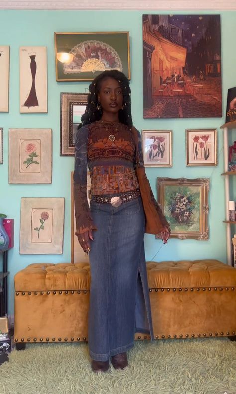 Winter Boho Skirt Outfit, Whimsy Fall Outfits, 2000s Earthy Fashion, Modest Thrifted Outfits, Modest Boho Outfits Black Women, Locs Outfits Style, Dorcas Meadowes Outfits, Earthy Teacher Outfit, Kenyan Outfits