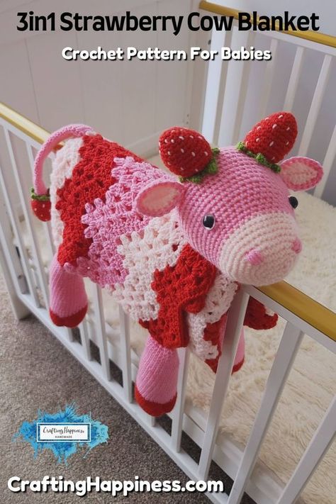 The 3in1 Strawberry Cow Baby Blanket is a crochet pattern inspired by the sweetness of strawberries and farm cows. 🍓🐄 Enjoy creating this unique, multipurpose nursery baby blanket.(edited) Cow Baby Blanket Crochet Pattern Free, Cute Baby Blanket Crochet Pattern, Cow Blanket Crochet Pattern Free, Multipurpose Nursery, Strawberry Crochet Blanket, Cow Nursery Ideas, Animal Crochet Blanket, Farm Animal Crochet, Cow Baby Blanket