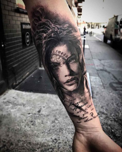 Tattoo artist Mark Wosgerau authors style black&grey portrait realistic tattoo | Denmark Portrait Tattoo Sleeve, Womens Face, Girl Face Tattoo, Realistic Tattoo Sleeve, Realistic Tattoo, Tattoo Girls, Full Sleeve Tattoos, Diy Tattoo, Face Tattoos