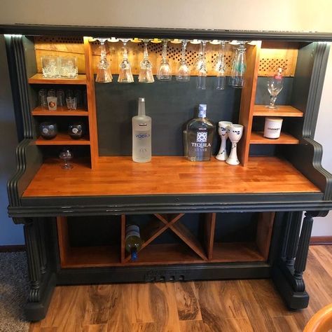 Old Piano Bar Diy, Bar Made From Old Piano, Upright Piano Bar, Upright Piano Bar Repurposed, Piano Bar Repurposed Diy, Piano Coffee Bar Repurposed, Piano Into Bar, Repurposed Upright Piano, Piano Upcycle Creative Ideas