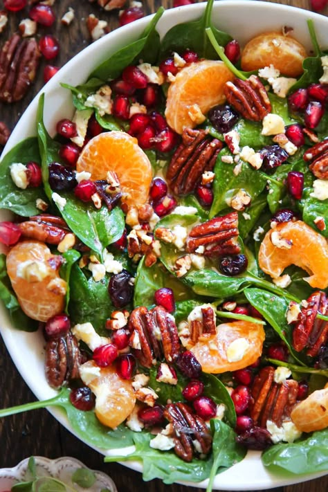 Christmas Salad with Spinach, Pecans, Mandarin Oranges, Pomegranate Arils. Christmas Salad Recipes, Winter Salad Recipes, Christmas Salad, Homemade Honey Mustard, Holiday Salads, Christmas Salads, Spinach Salad Recipes, Lime Vinaigrette, Fresh Salad Recipes