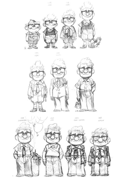 Pixar UP - Carl's stages of growing up/older Create Character, Pixar Animation Studios, Pixar Animation, Character Design Cartoon, Pixar Characters, Karakter Disney, Animation Studios, Disney Concept Art, Disney Sketches