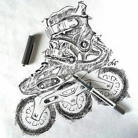 Design Pencil Drawing, Roller Skates Wheels, Drawing Love, Big Wheels, Inline Skates, Paper Pen, Roller Skates, Sketch Art, Pencil Drawing