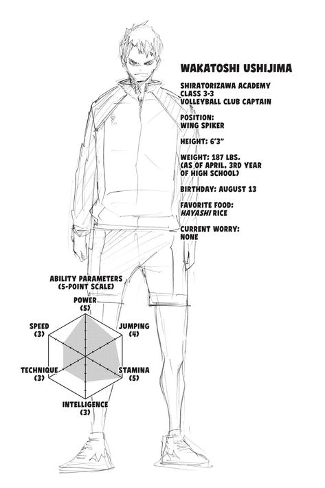 Haikyuu Character Sheet, Wakatoshi Ushijima, Haikyuu Ushijima, Character Sheet Template, Ushijima Wakatoshi, Haruichi Furudate, Manga Online Read, Akaashi Keiji, Volleyball Anime