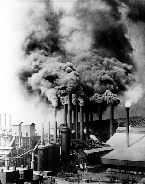 "Smoke pouring into the air from a Pittsburgh steel mill, 1906. Each month the steam boilers and furnaces of its industries, railroads, and homes dumped 100 tons of pollutants on its streets." Steel was the main component in the Model-T. One of the largest industries for steel was the automotive industry. Once a middle class friendly automobile was made, more and more vehicles were being designed using more resources and polluting the air further. Human Suffering, Cv Format, India Images, Steel Mill, Industrial Safety, Environmental Justice, Industrial Photography, Steel City, History Channel