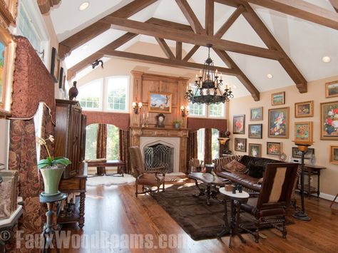 The A-frame faux beams in this living room are the perfect addition, reducing the cavernous feel of this vaulted ceiling. They also lend a craftsman vibe to a living room decorated in a vintage style. Bedroom Loft Style, Vaulted Ceiling Beams, Faux Ceiling Beams, Wood Plank Ceiling, Wood Truss, Timber Truss, Church Interior Design, Faux Beams, Faux Wood Beams