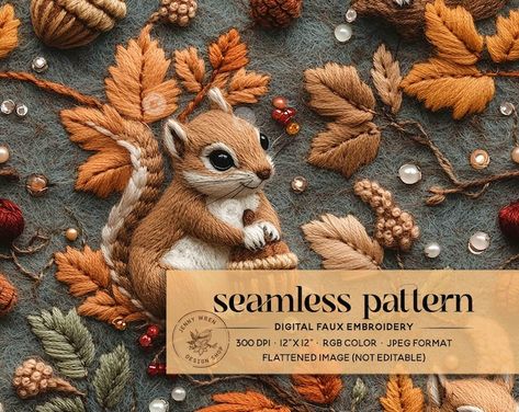 Fall Floral Roosters Chickens Seamless Pattern, Boho Fall Farm Animals Embroidery Seamless, Boho Farmhouse Digital File Fabric Sublimation - Etsy Squirrel Embroidery Pattern, Woodland Embroidery Designs, Squirrel Embroidery, Woodland Embroidery, Fall Animals, Fall Embroidery, Fall Embroidery Designs, Squirrel Art, Woodland Fabric