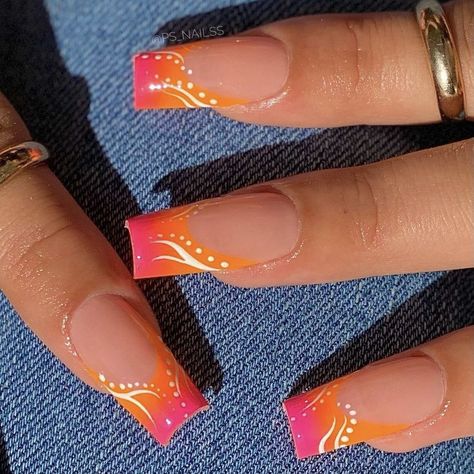 Pink Or Orange Nails, Square Acrylic Nails Designs Fall, Easy Summer Acrylic Nails, June Colors Nails, Red Orange Nail Designs Summer, Habisquis Nails, Hawaii Nails Square, Nails For Hawaii Vacation Acrylic, Miami Nails Ideas Summer