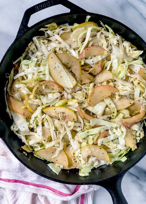 This Braised Cabbage and Apple recipe is a perfect side dish, packed with brown sugar sautéed apples and green cabbage braised in cider vinegar and spices. #apples #cabbage #sidedish Braised Cabbage And Apples, Apples And Cabbage Recipe, Cabbage And Apples, Sautéed Apples, Cabbage Side Dish, Cabbage Recipes Healthy, Braised Greens, Baked Cabbage, Sauteed Cabbage