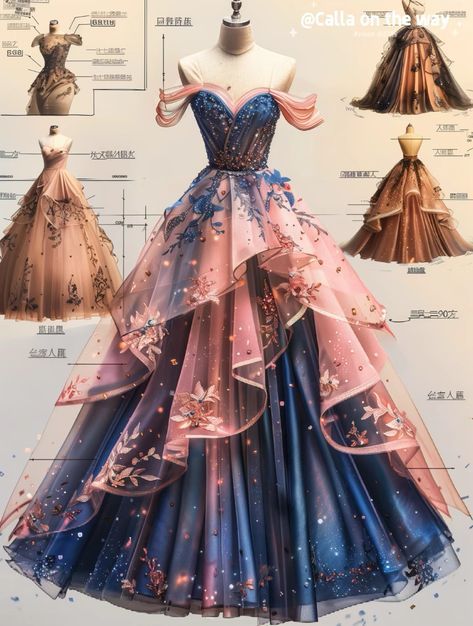 Dreamy Gowns, Fancy Clothes, Fantasy Clothes, Fashion Drawing Dresses, Fantasy Outfits, Fantasy Dresses, Fashion Illustration Dresses, Dress Design Sketches, Fantasy Gowns