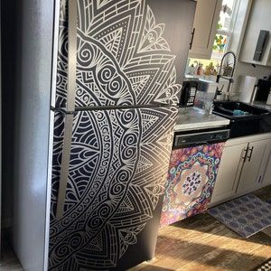 Bohemian Rv Interior, Appliance Wraps, Witchy Mansion, Refrigerator Vinyl, Rental Upgrades, Fridge Design, Snap Dragon, Half Mandala, Fridge Wrap