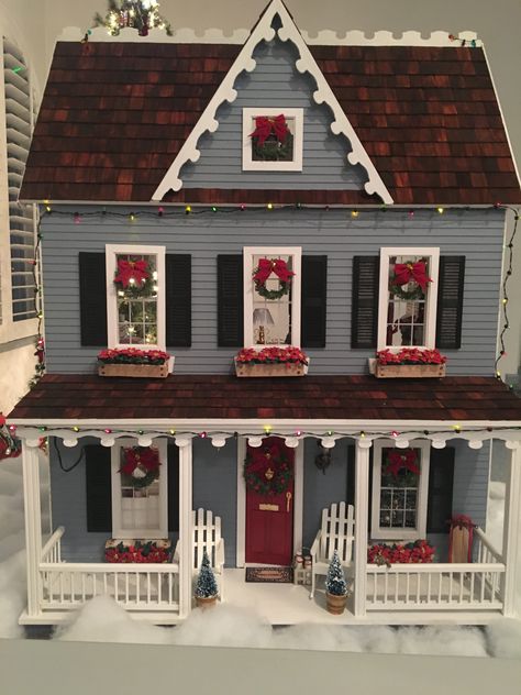 Dollhouse Christmas Makeover, Christmas Dollhouse Exterior, Christmas Dollhouse Makeover, Vermont Dollhouse, Vermont Farmhouse Jr Dollhouse, Vermont Farmhouse Jr, Dollhouse Details, Holiday Dollhouse, Gingerbread Dollhouse