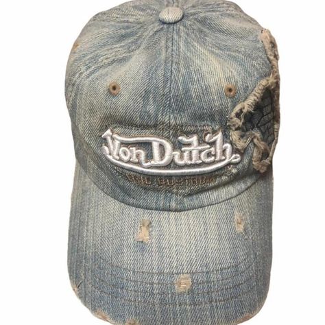 RARE VINTAGE VON DUTCH DISTRESS DENIM CAP Used... - Depop Rural Cybercore, Von Dutch Hat Outfit, Item Aesthetic, Von Dutch Cap, Topi Vintage, Von Dutch Hat, Distress Denim, Distressed Cap, Denim Cap