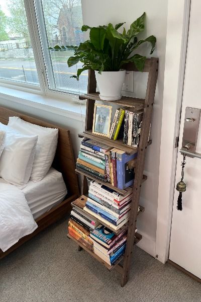 Walnut Leaning Bookshelf perfect for small spaces, apartments, and homes, light weight with 5 shelves Bookshelf For Small Spaces, Leaning Bookshelf, Wood Bookshelf, Ladder Bookshelf, Display Shelving, Wood Bookshelves, Ladder Shelf, Shelf Ideas, Book Shelf