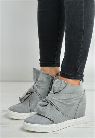 GREY BOW TRAINERS WEDGE HEEL TRAINERS PLATFORM SHOES Women Trainers, Trainer Heels, Wedge Sneaker, Platform Shoes, Trainers Women, Wedge Heels, Wedges, Heels, Sneakers