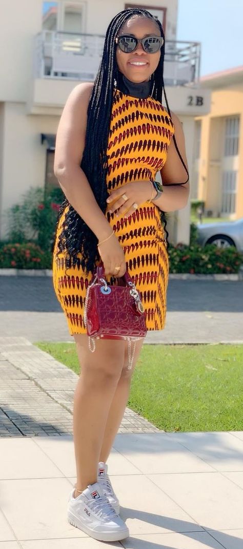 Short Gown With Sneakers, Ankara Short Gown Styles With Sneakers, Ankara Dress Styles Short Casual, Ankara Dress Styles Short, Kitenge Dress Designs, Latest Ankara Dresses, Chitenge Outfits, African Print Long Dress, African Elegance