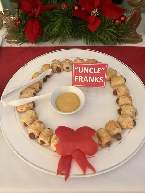 Home Alone Christmas party “Uncle Franks” pigs in a blanket A Christmas Story Party Food, Christmas Vacation Dinner Party, Christmas Housewarming Party Ideas, Home Alone Christmas Party Ideas, Home Alone Themed Food, Home Alone Party Food, Home Alone Food Ideas, Home Alone Party Decorations, Home Alone Theme Party