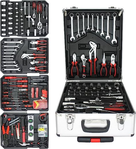 AMAZON White Aluminum Trolley Case Tool Set, Silver Hand Tool Box with 4 Layers of Toolset and Wheels, Household Hand Kit Plastic Toolbox Storage Case for House Repair, Garden, Office😄 Rolling Tool Box, Portable Tool Box, Metal Filing Cabinet, Hand Tool Set, Mechanic Tools, Tool Case, Household Tools, Socket Wrenches, Hand Tool