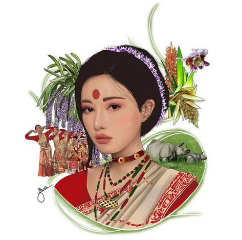 Assamese Bihu Art, Assamese Culture Drawing, Bihu Assam Painting, Magh Bihu Drawing, Assam Illustration, Assam Painting, Bihu Drawing, Assam Aesthetic, Assam Culture Art