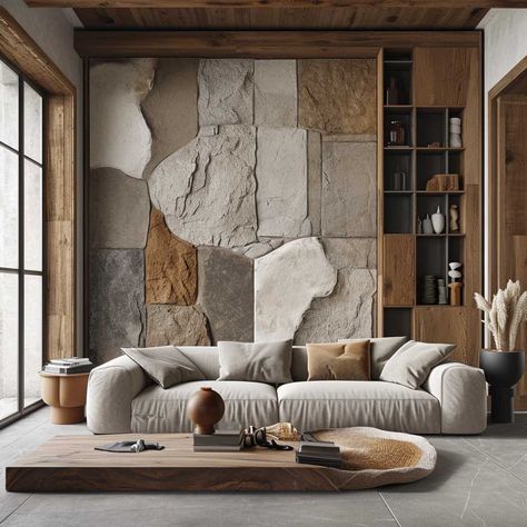 Living Room Rock Wall, Living Room With Stone Wall Interior Design, Rock Wall Interior Living Room, Sofa Back Wall Design, Sofa Back Wall, Stone Wall Interior, Back Wall Design, Stone Wall Interior Design, Stone Texture Wall