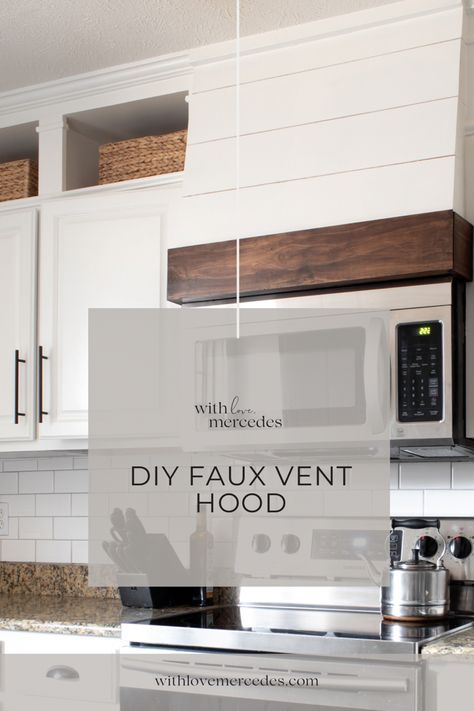 Exhaust Over Stove, Farmhouse Kitchen With Microwave Above Stove, Microwave Cover Diy, Microwave With Hood Above, Over Stove Microwave Ideas Range Hoods, Over The Oven Microwave Ideas, Faux Hood Over Microwave, Faux Range Hood Over Microwave, Hood Above Microwave