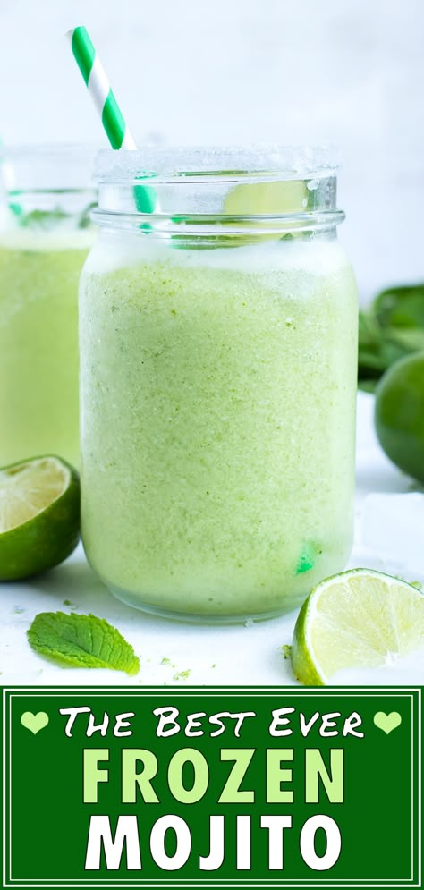 Frozen Mojito Recipe, Frozen Mojito, Mojito Recipe Classic, Frozen Drink Recipes, Frozen Drink, Refreshing Summer Cocktails, Cocktail And Mocktail, Mojito Recipe, Frozen Cocktails